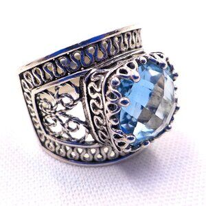 Sterling Silver Open Filigree Faceted Blue Topaz Ring